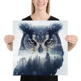 Double Exposure Owl and the Snowy Forest on a Square Matte Poster